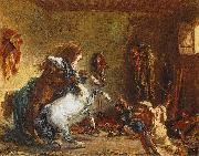 Arab Horses Fighting in a Stable Eugene Delacroix